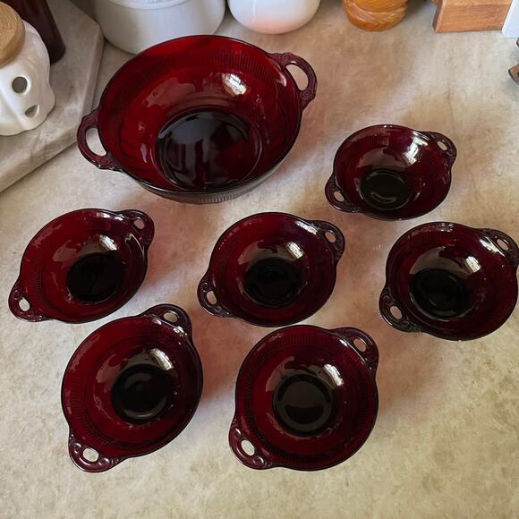 Vtg Coronation-Royal Ruby Handled Salad 7 PC Set Anchor Hocking Depression Glass - Picture 1 of 11
